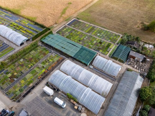 Luftaufnahme der Gärtnerei mit Gewächshäusern und Stauden-Quartieren – große Anzuchtflächen für Stauden und Gartenpflanzen.